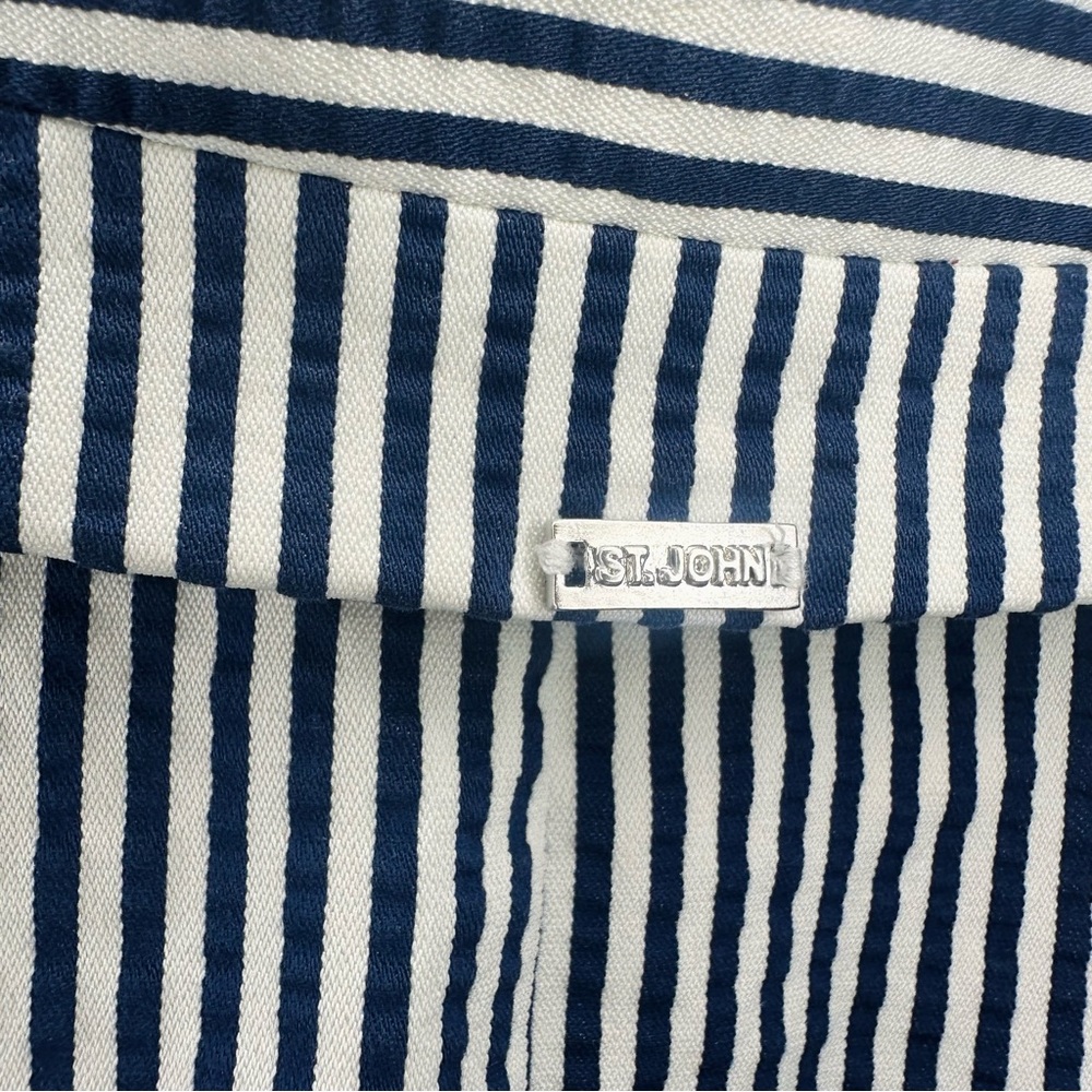 Quiet Luxury St. John Seersucker Navy & White Stripe Classic Blazer Jacket, 12 - Picture 7 of 9